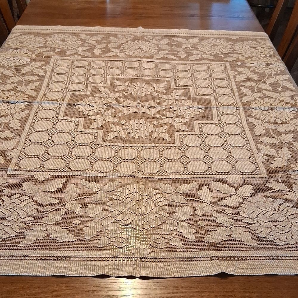 Vintage Tan & cream color 56" X 49.5" Lace Tablecloth- Crysanthemum Design